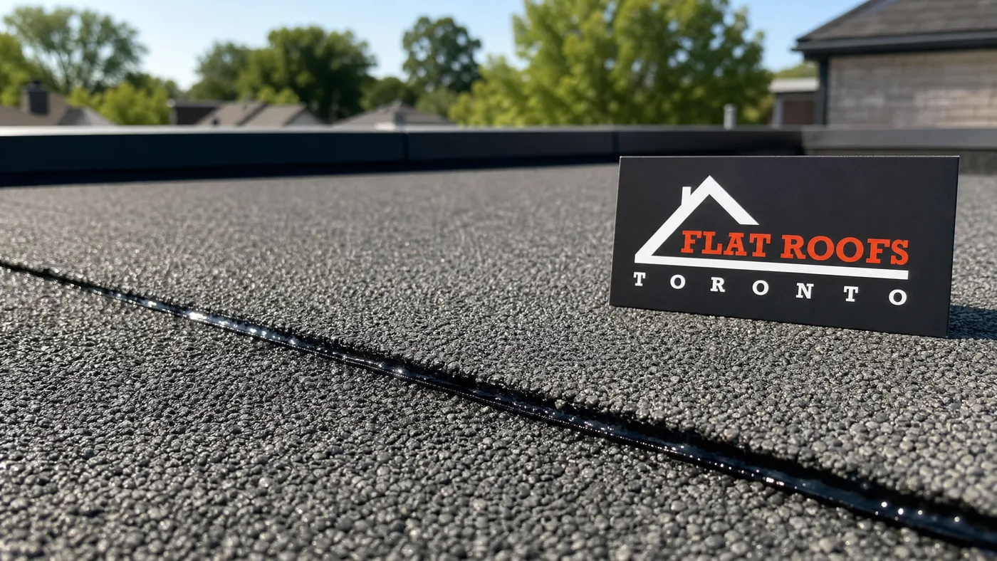 Close-up of a sealed SBS modified bitumen seam with mineral granule surface on a Toronto flat roof