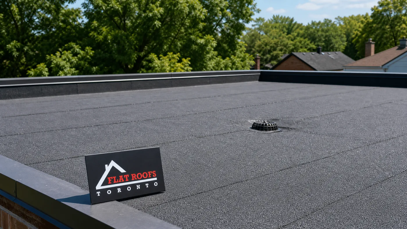 Wide view of a completed SBS modified bitumen flat roof on a Toronto building under summer daylight