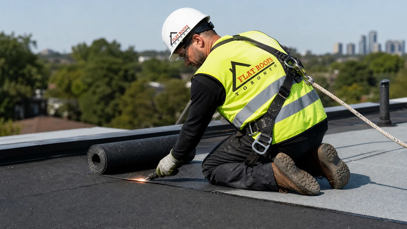 Roofer in full safety gear applying an SBS modified bitumen cap sheet on a Toronto flat roof