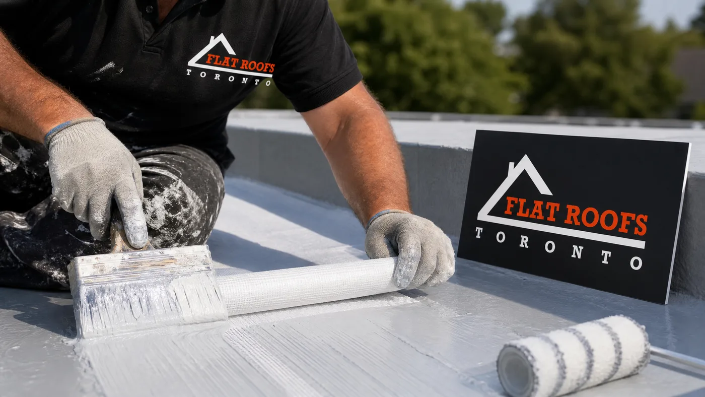 Close-up of reinforcement fabric embedded into an elastomeric membrane roof coating at a rooftop seam