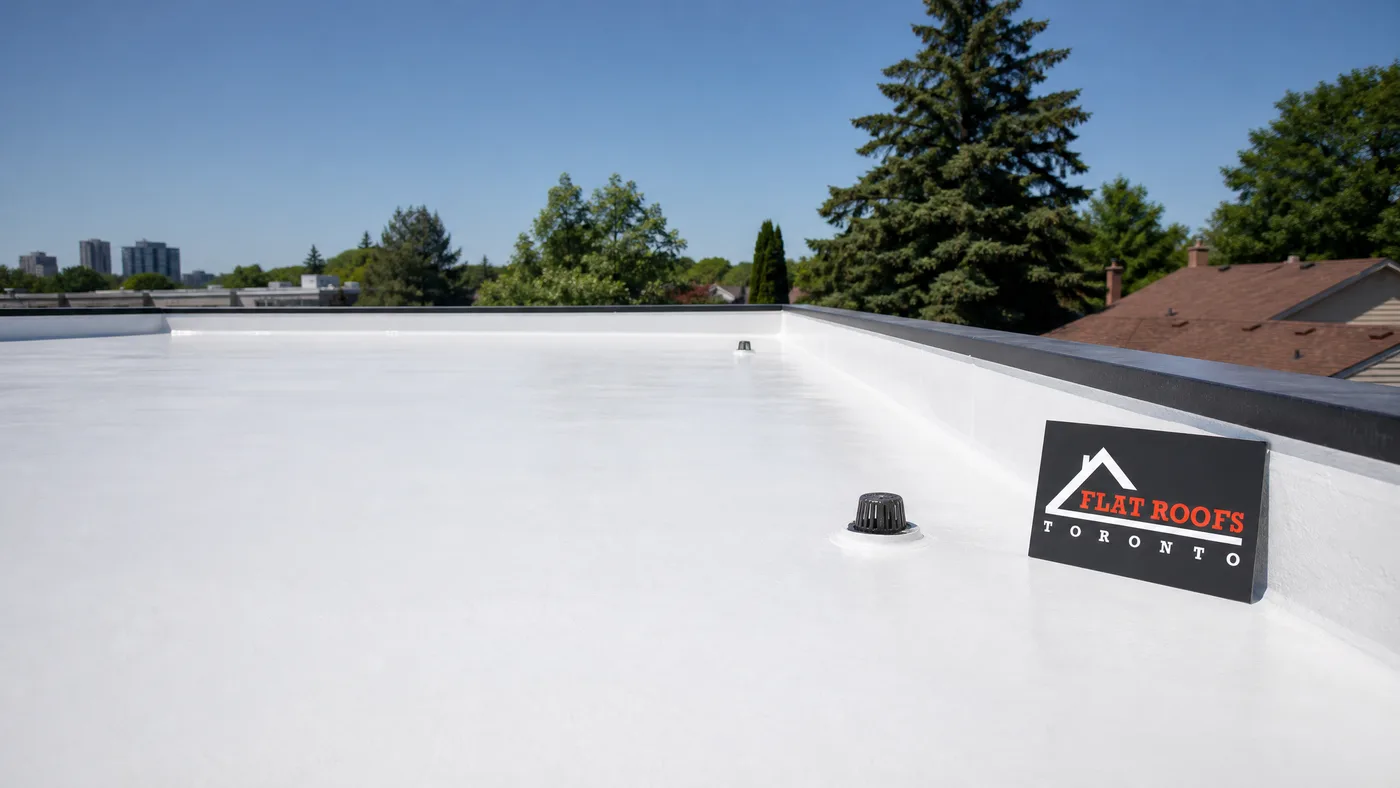 Wide view of a restored elastomeric membrane roof on a Toronto flat-roof building under summer daylight