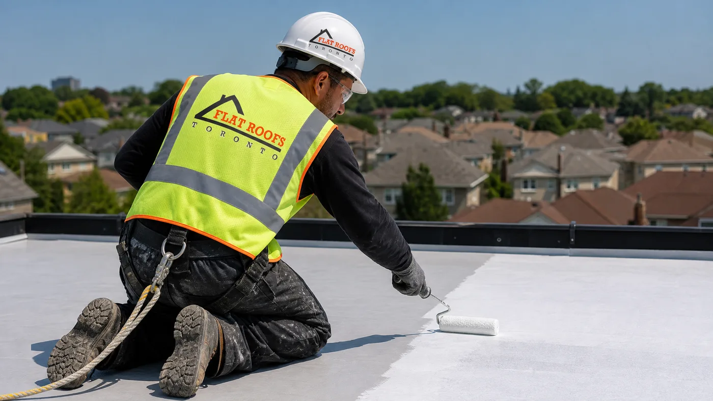 Roofer in full safety PPE and fall-protection harness rolling an elastomeric membrane roof coating on a Toronto rooftop