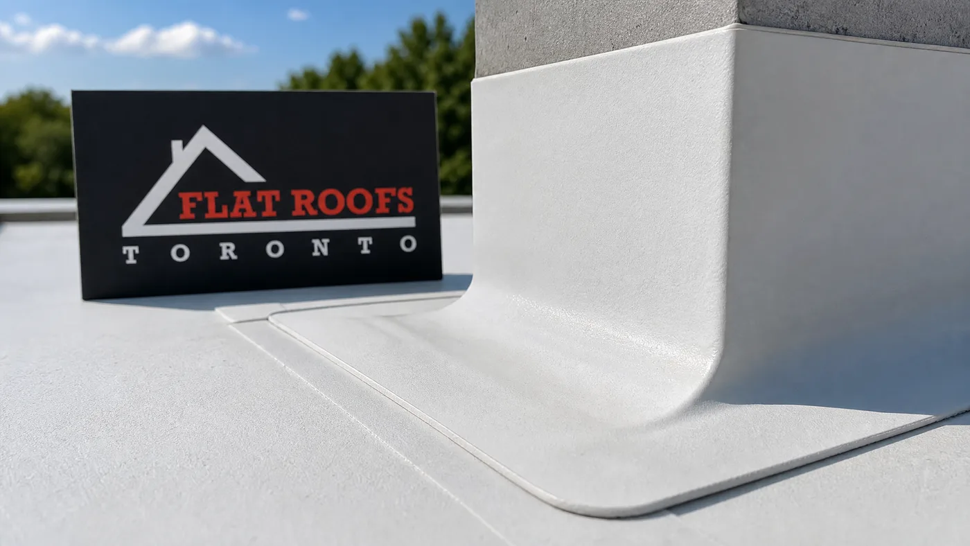 Close-up of a welded single ply membrane roof seam and flashing detail at a rooftop curb