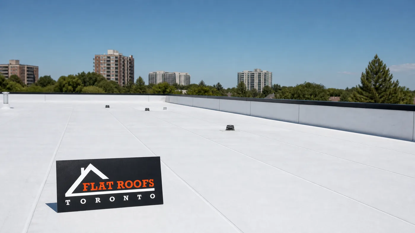 Wide view of a completed white single ply membrane roof on a Toronto commercial building under summer daylight