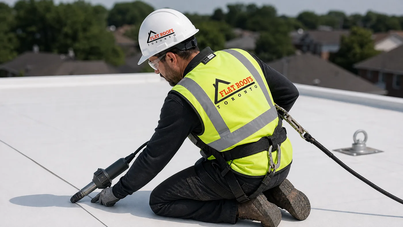 Roofing tradesperson in full safety harness and PPE hot-air welding a single ply membrane roof seam