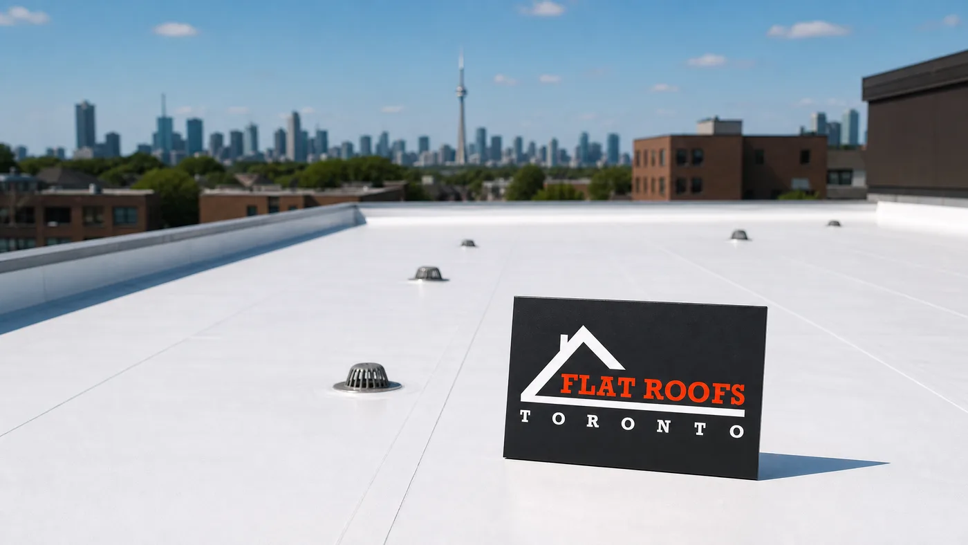 Wide view of a Toronto low-slope commercial roof with a fully adhered membrane and a small Flat Roofs Toronto sign placard