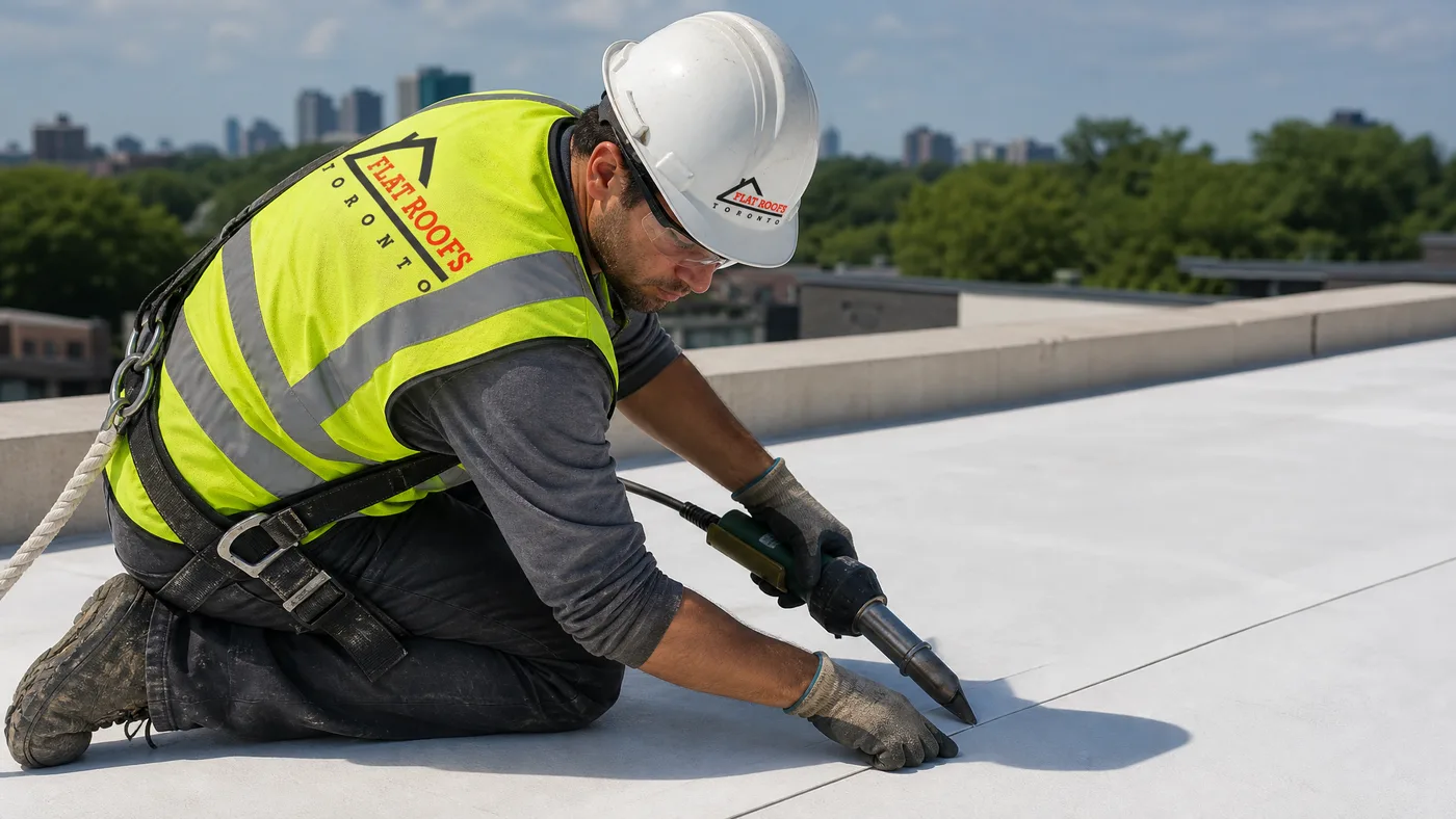 Roofing tradesperson in full safety PPE heat-welding a low slope roof membrane seam on a Toronto rooftop
