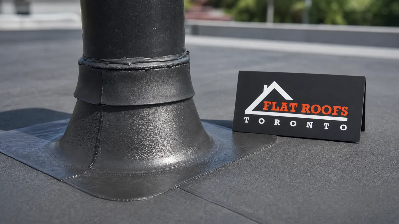 Close-up of a welded seam and reinforced flashing detail on a waterproof membrane for roof at a rooftop penetration in Toronto