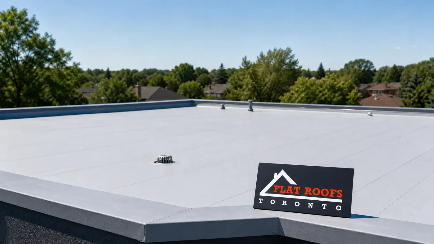 Wide establishing shot of a modern Toronto flat roof with a fully installed single-ply waterproof membrane on a summer day