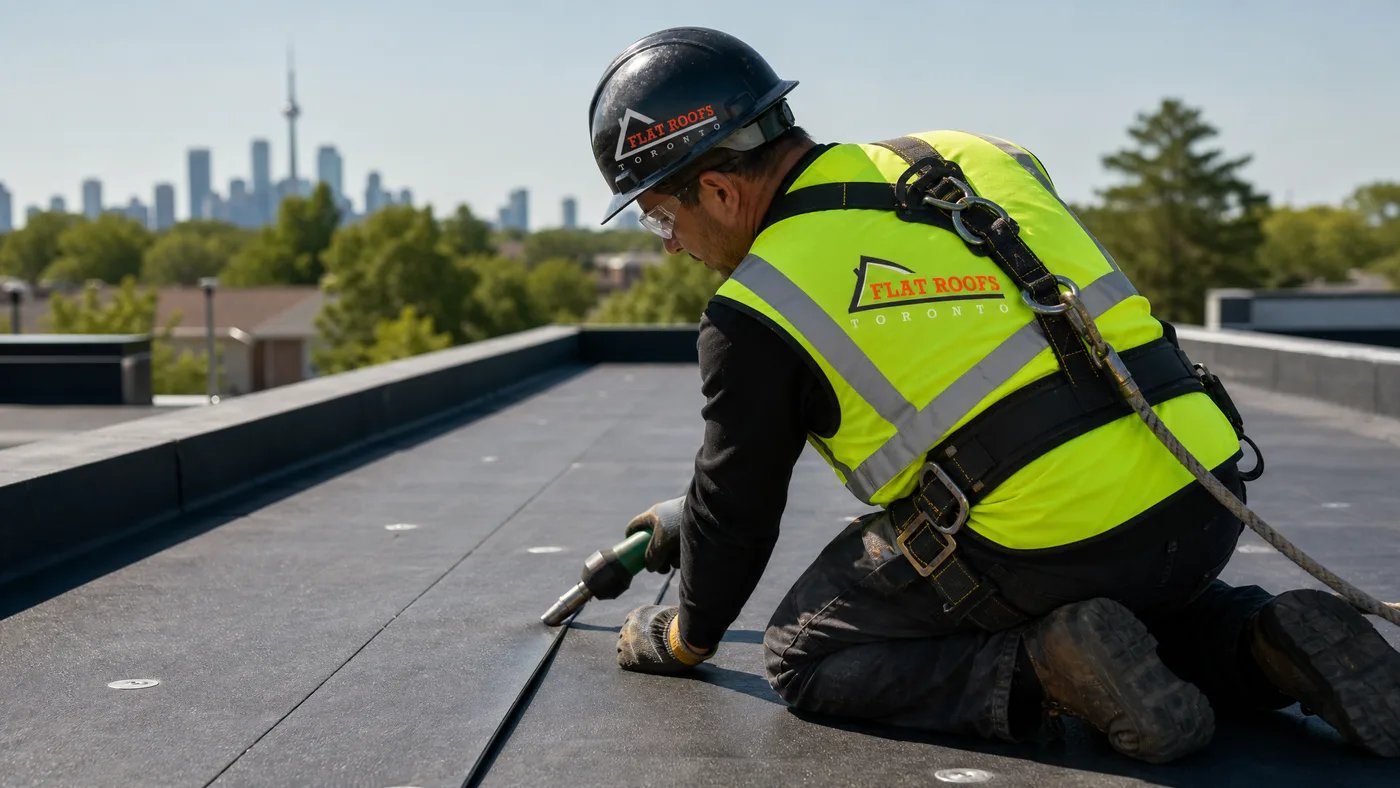 A roofer in full safety PPE hot-air welding a seam on a single-ply waterproof membrane for roof installation in Toronto