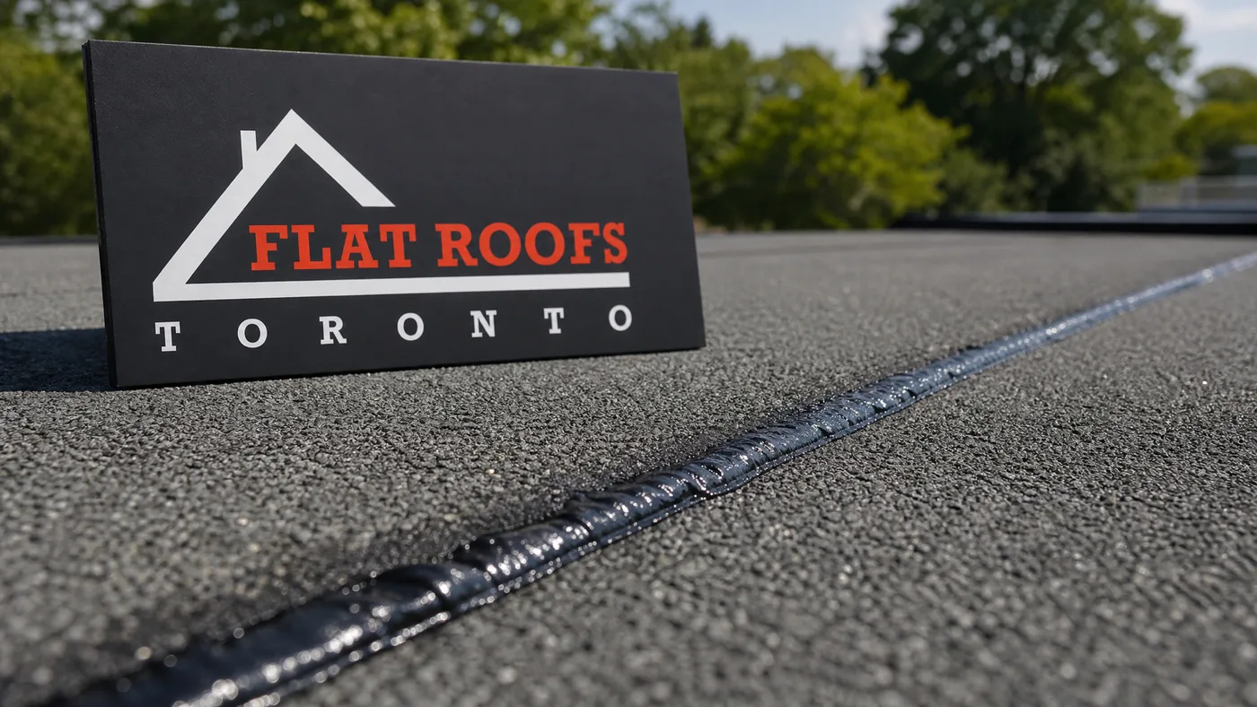 Close-up of a lapped and heat-welded seam on a granular torch-on roof membrane cap sheet