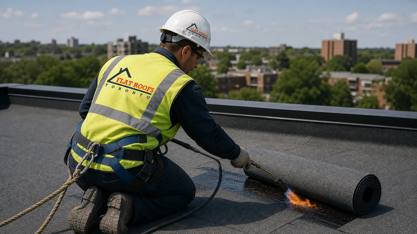Roofer in full safety PPE torching a modified bitumen cap sheet onto a Toronto flat roof