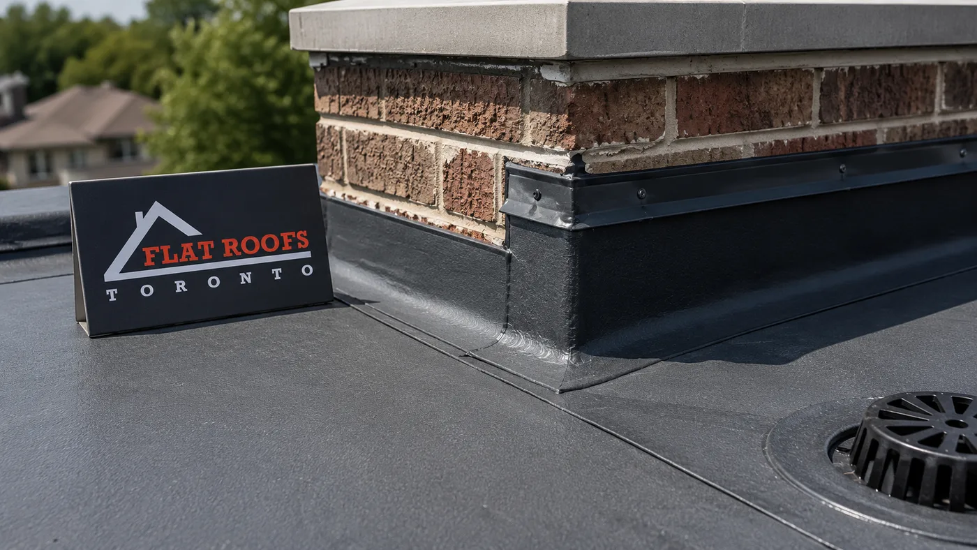 Close detail of flat roofing GTA membrane seam and parapet flashing on a residential low-slope roof