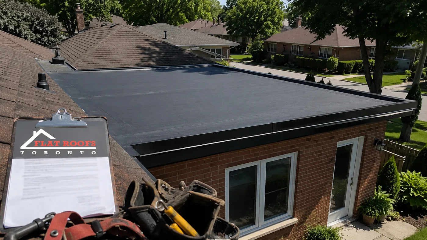 Suburban GTA home with a newly installed flat roof section over the rear addition in summer daylight