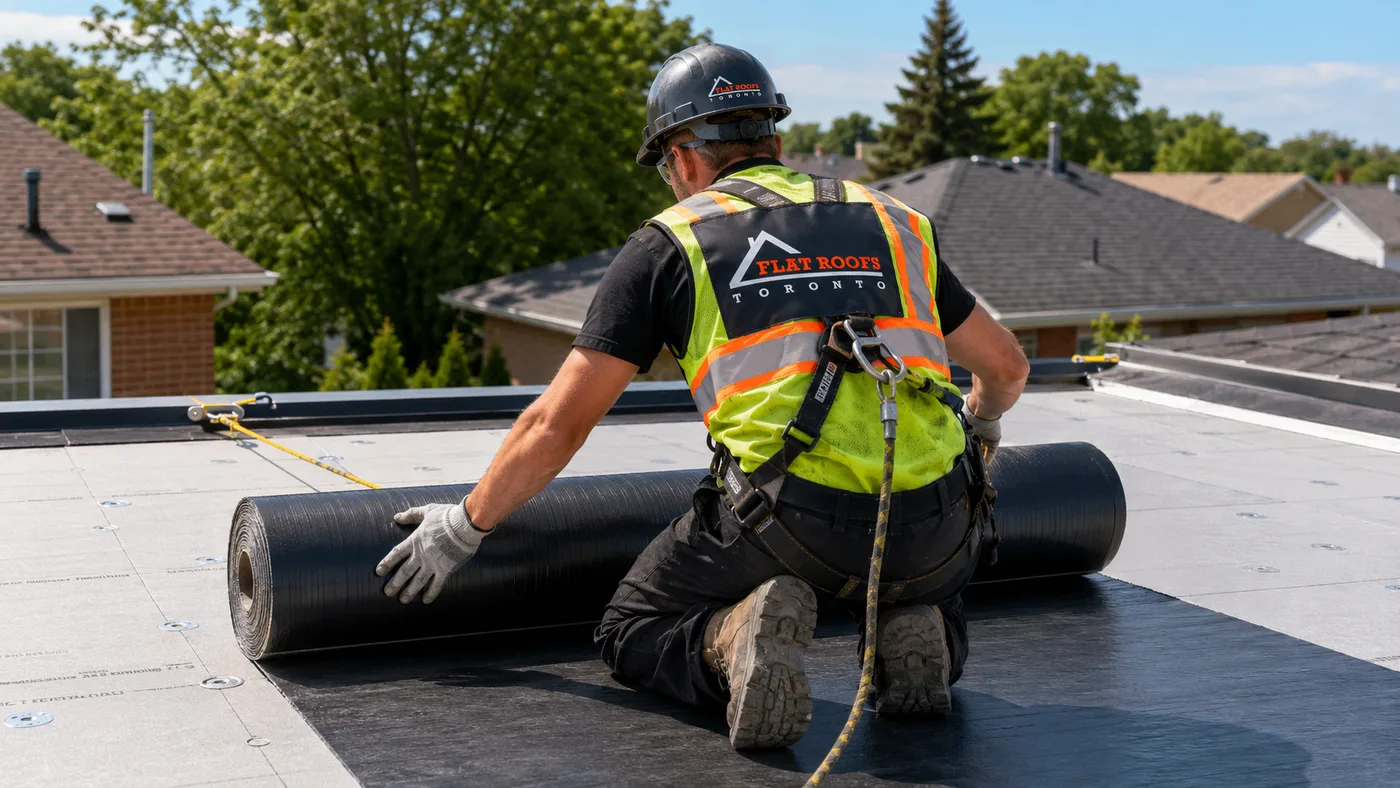 Roofer in full safety gear installing flat roofing membrane on a GTA suburban home addition