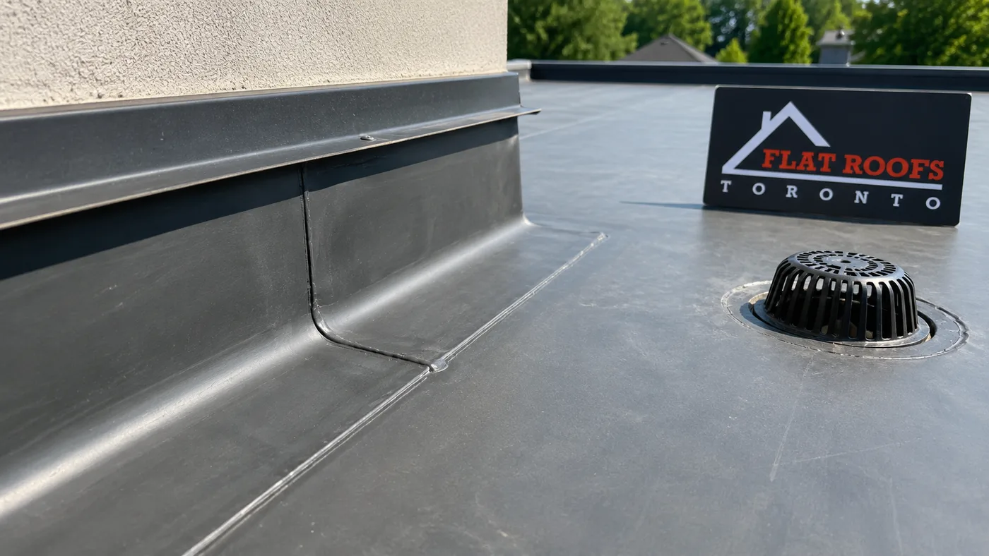 Close detail of a completed flat roof repair north york seam and flashing on a residential membrane roof