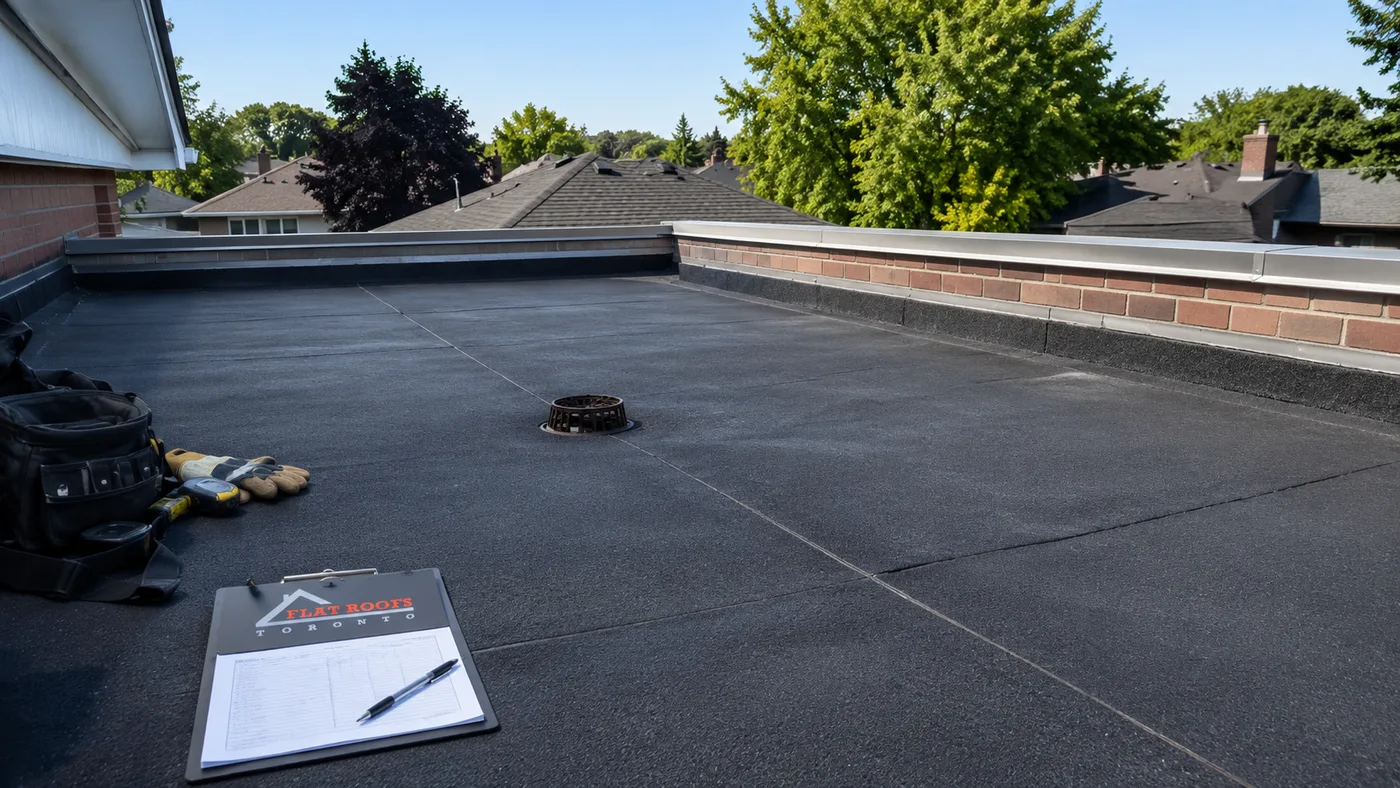 Flat roof repair north york inspection view across a low-slope residential membrane roof in summer