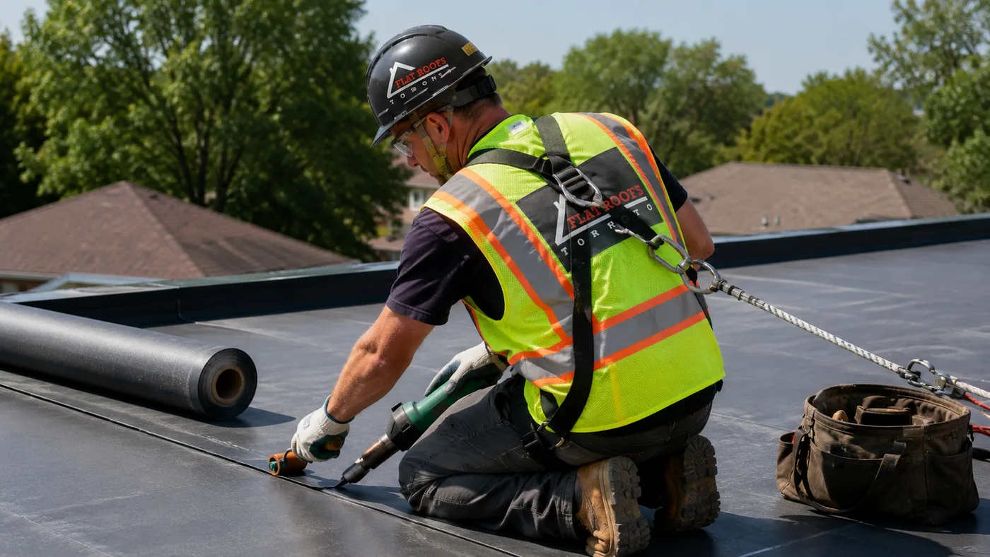Roofer performing flat roof repair north york style seam work on a residential low-slope membrane in summer