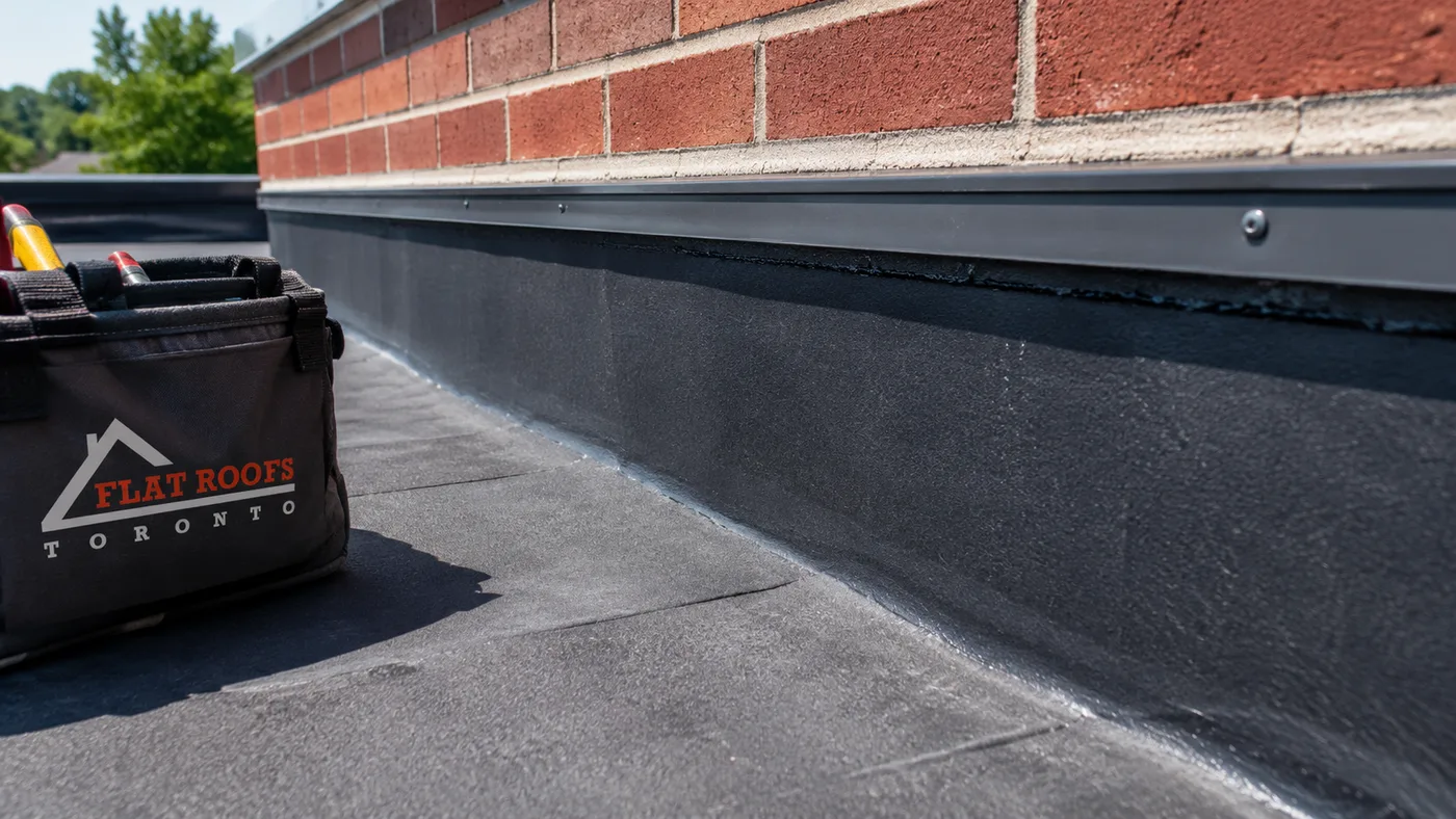 Close-up detail of membrane wall flashing and counterflashing from a flat roof replacement Scarborough job