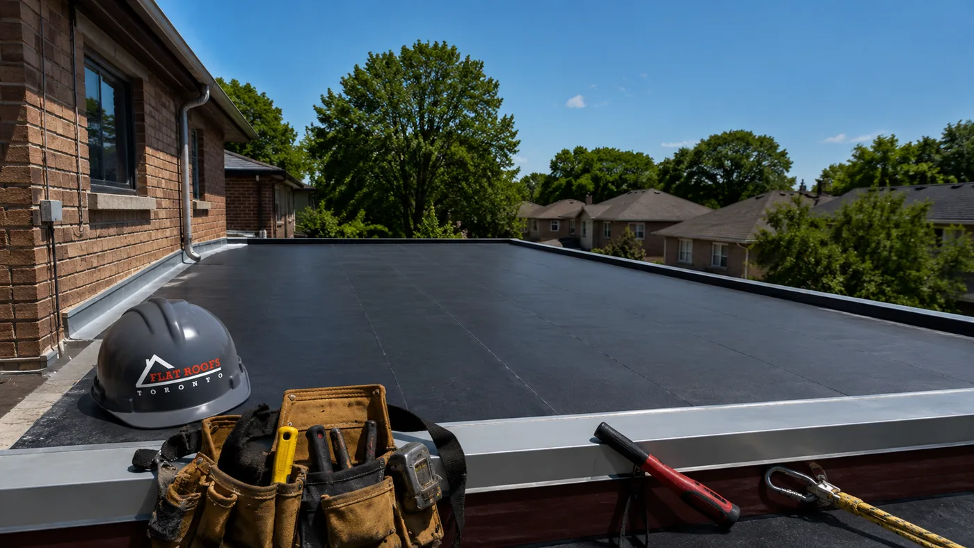 Newly completed flat roof replacement Scarborough homeowners commissioned, showing clean membrane seams and edge metal