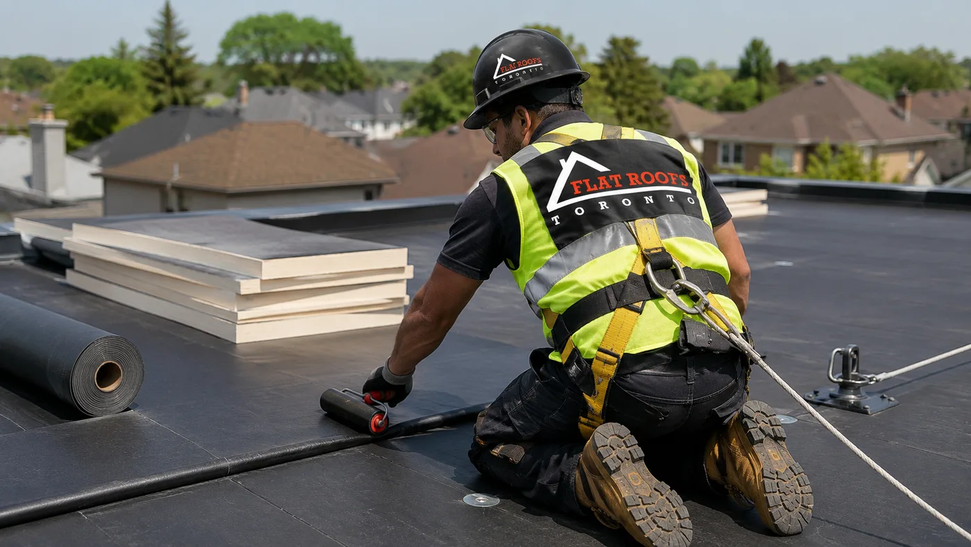 Roofer in full safety gear installing new membrane during a flat roof replacement Scarborough project