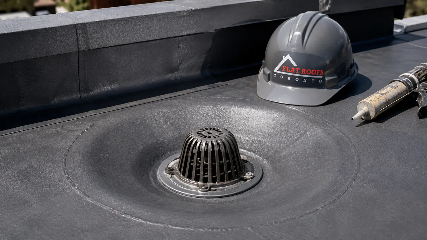 Close-up detail of a sealed roof drain and membrane seam on an Etobicoke flat roofing installation