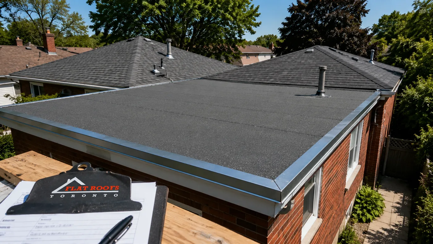Newly installed flat roofing on an Etobicoke brick bungalow rear addition with clean membrane and edge metal