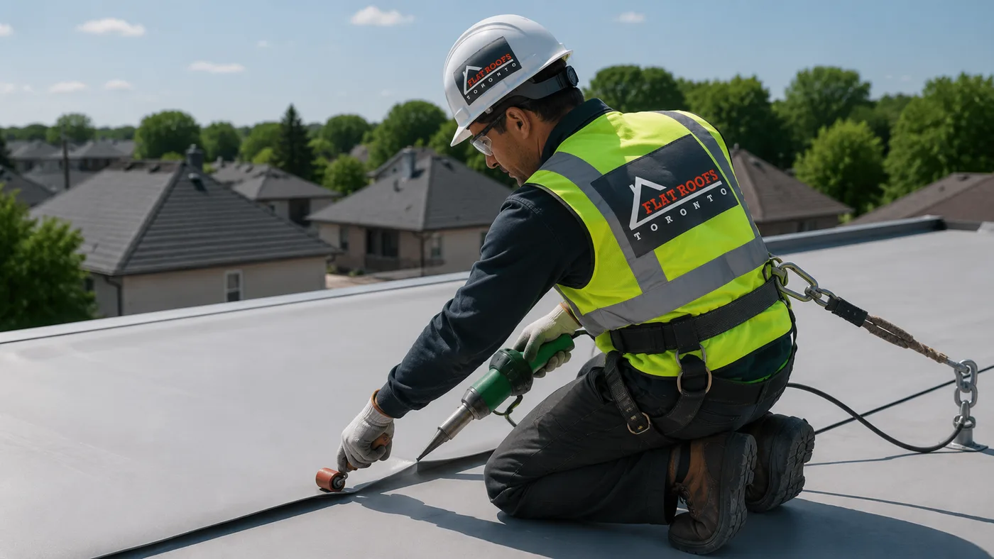 Roofer in full safety gear heat welding a single-ply seam during flat roofing Etobicoke installation work