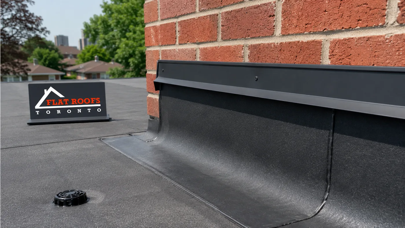 Close detail of a rebuilt membrane seam and wall flashing after flat roof repair east york work