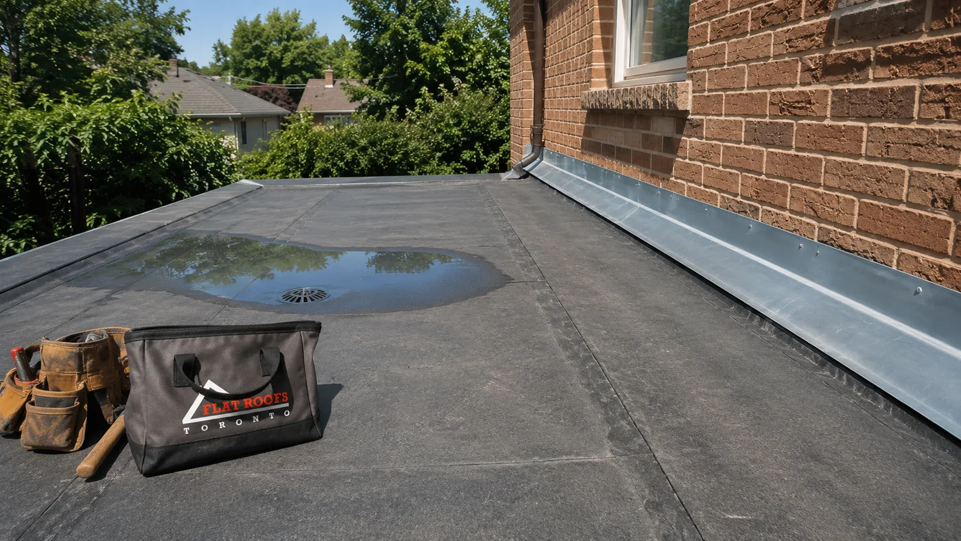 Low-slope flat roof section on an East York brick home in need of flat roof repair