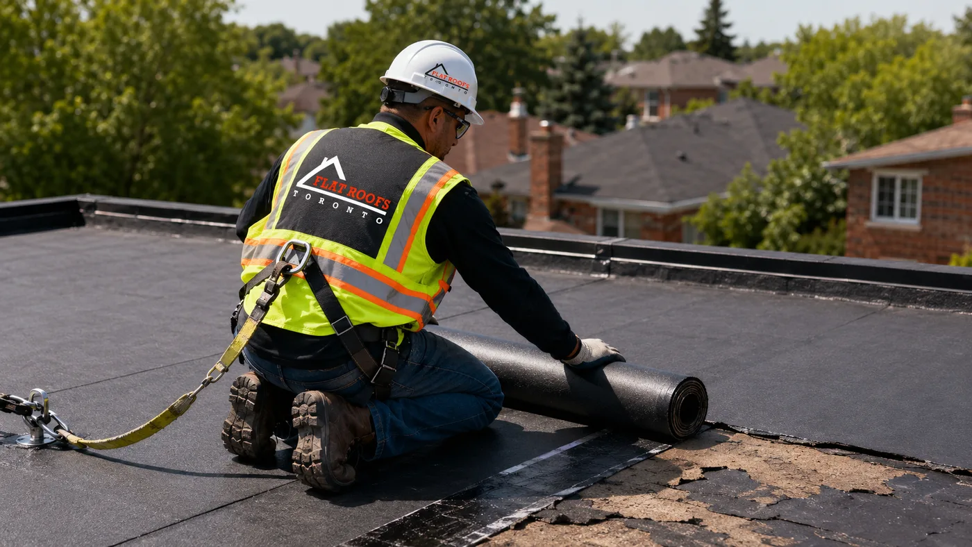 Roofer in full safety gear performing flat roof repair on an East York low-slope roof section