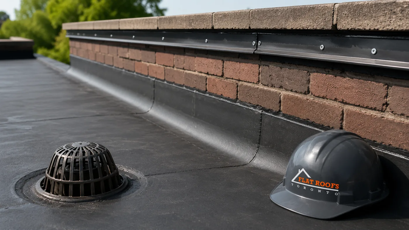 Close detail of commercial flat roofing in Downtown Toronto showing membrane flashing at a parapet and roof drain