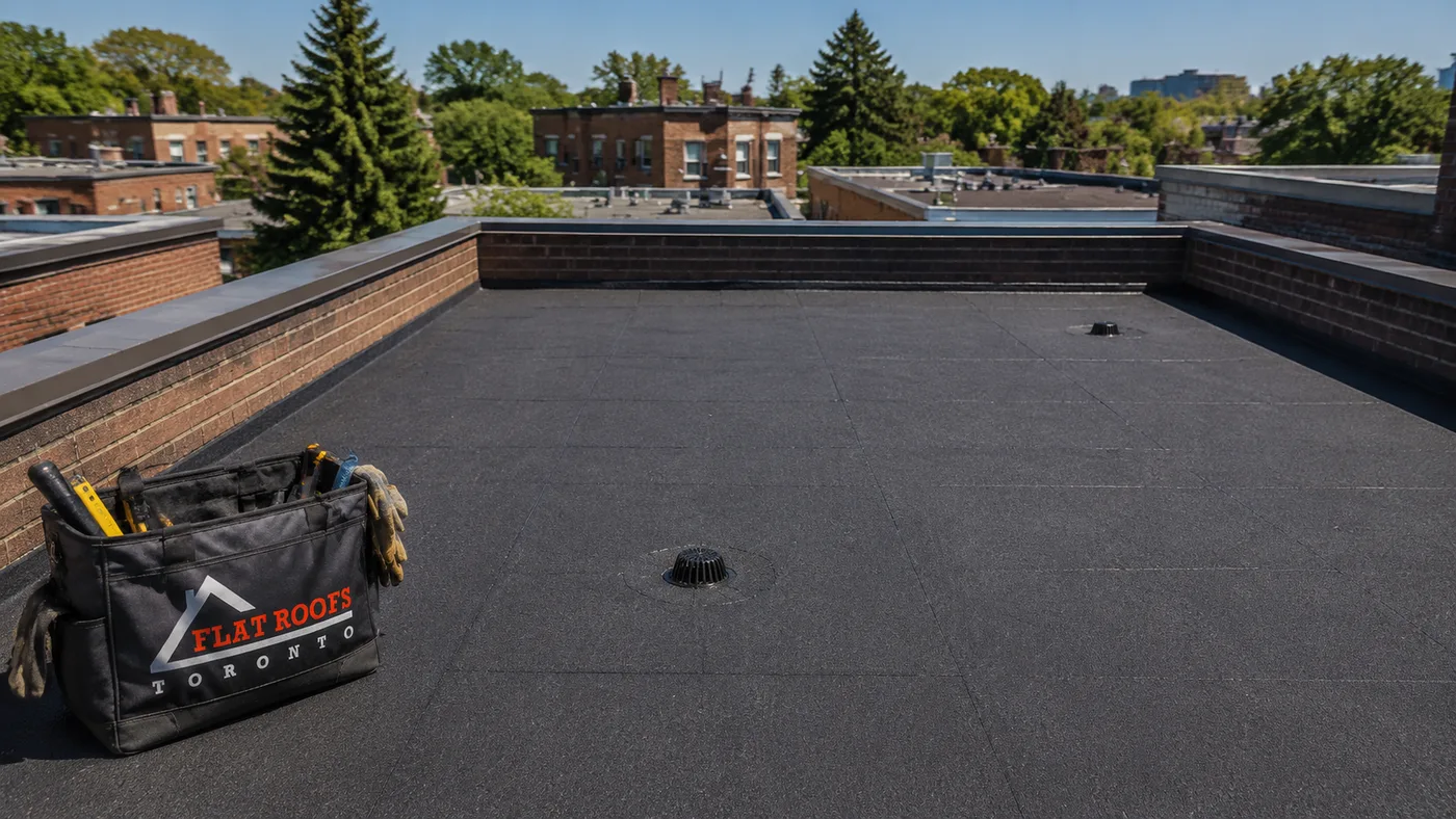 Commercial flat roofing in Downtown Toronto on a low-rise mixed-use building with parapets and roof drains