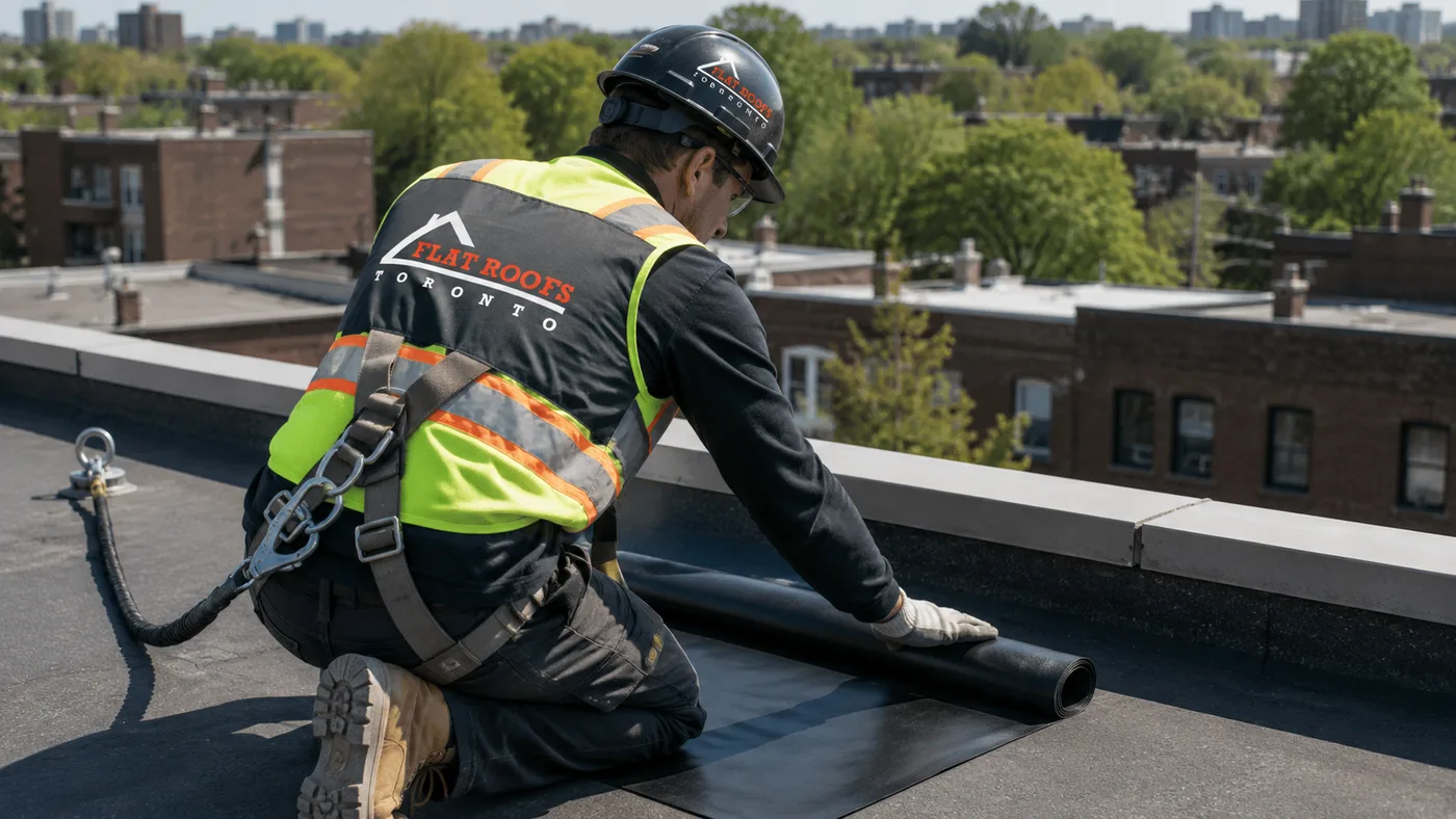 Roofer installing commercial flat roofing in Downtown Toronto with harness and full safety gear on a low-rise roof