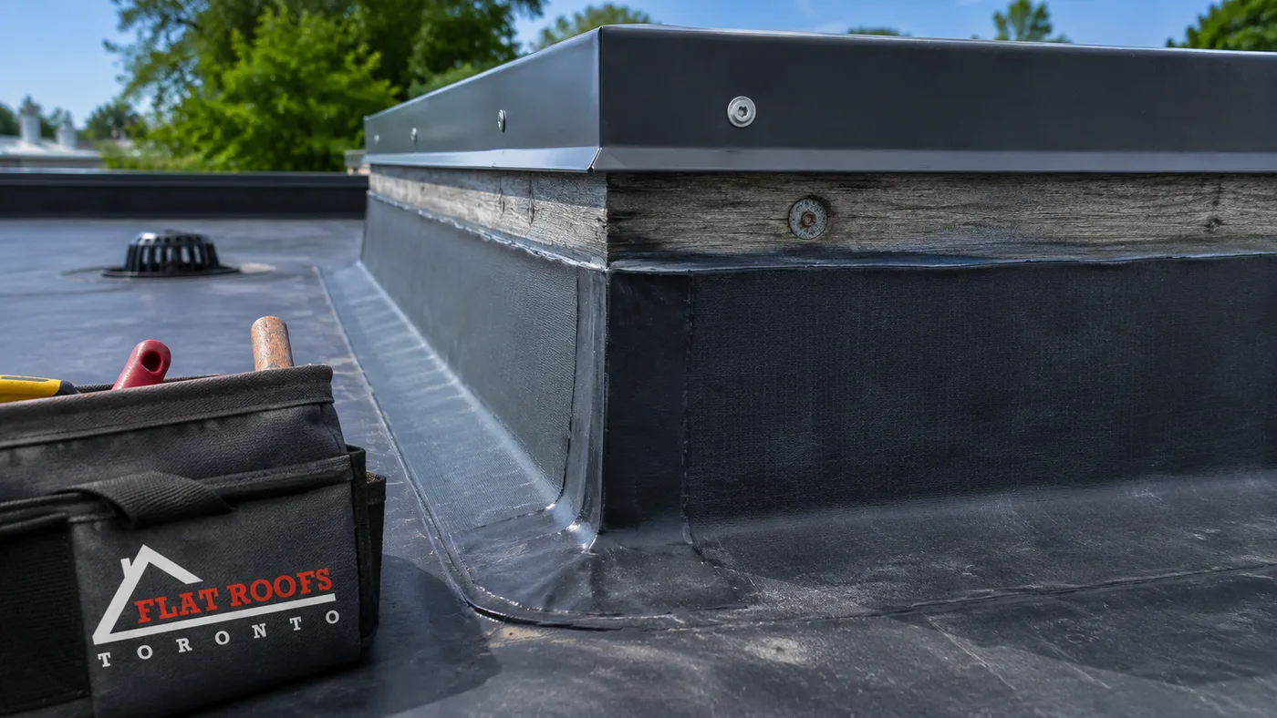 Close-up of new parapet flashing and seam detail from a commercial flat roof replacement in North York