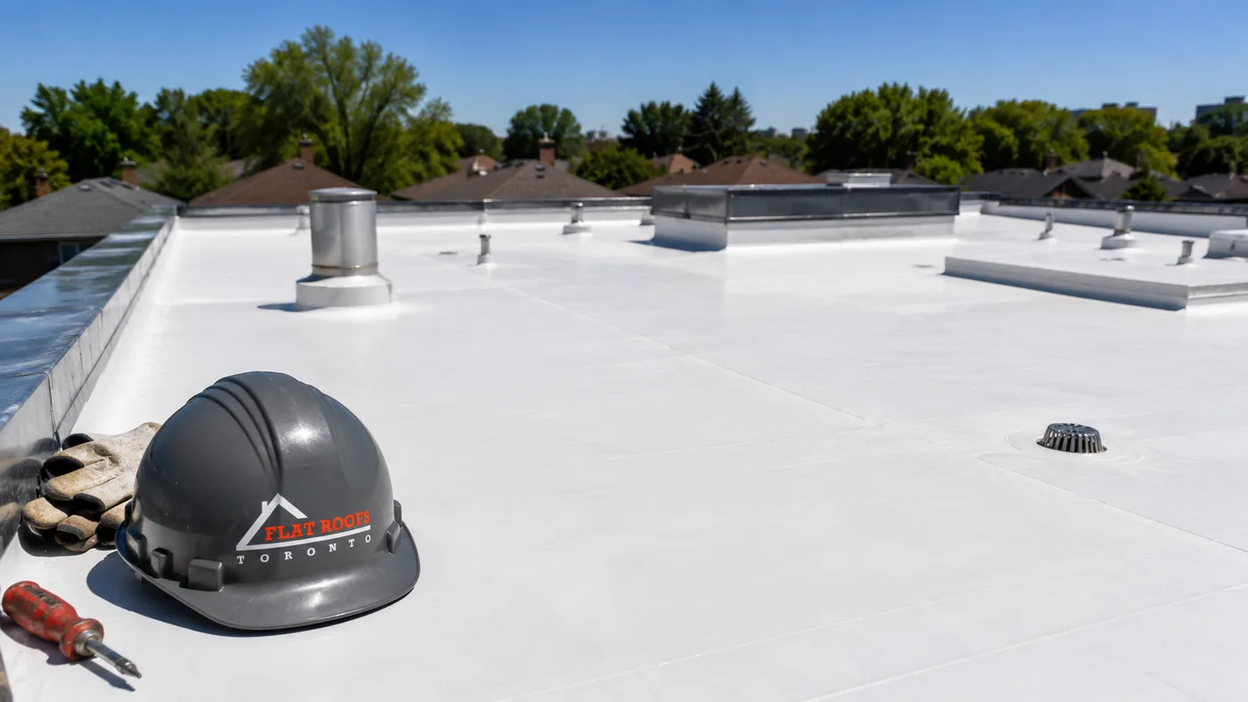 Newly installed white TPO membrane on a low-rise commercial flat roof replacement in North York