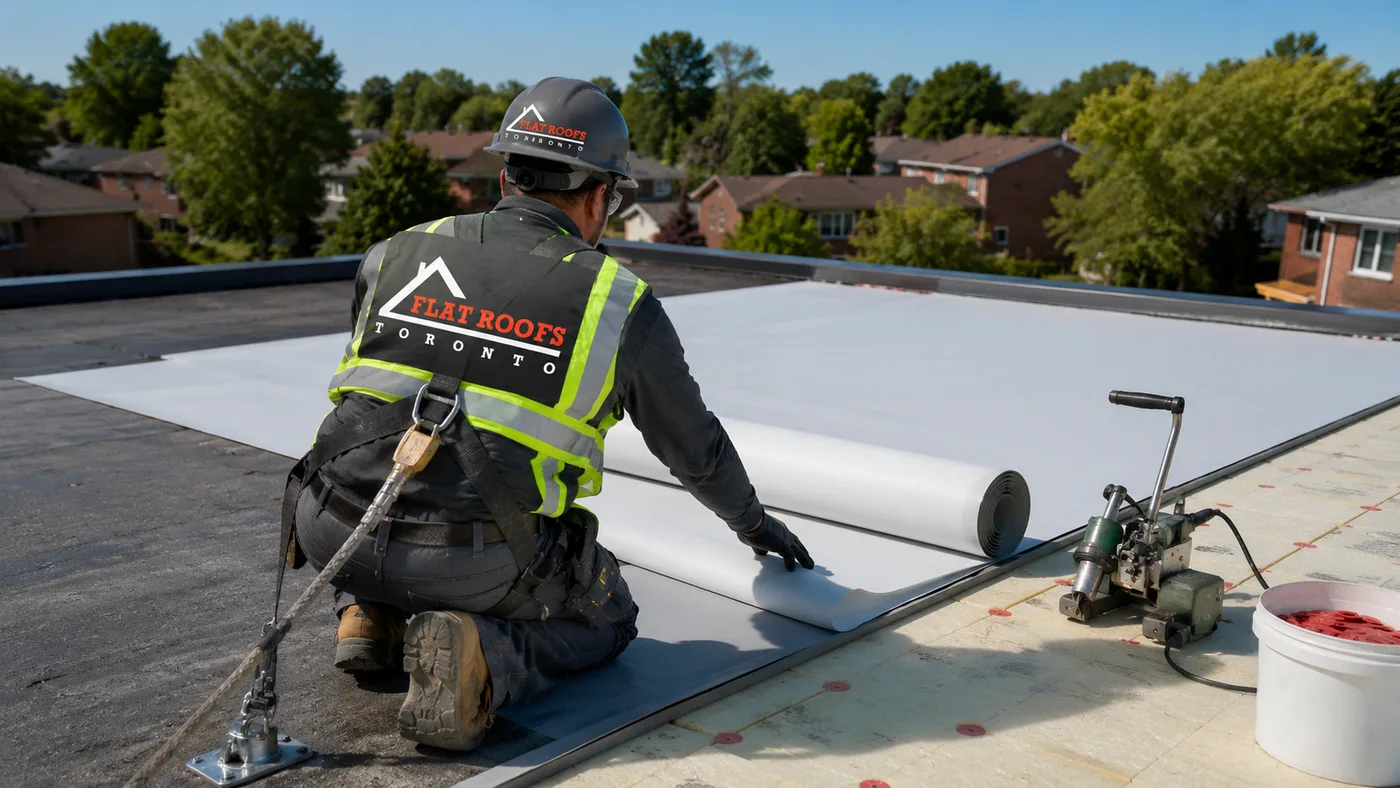 Roofer installing new membrane during a commercial flat roof replacement in North York on a low-rise building