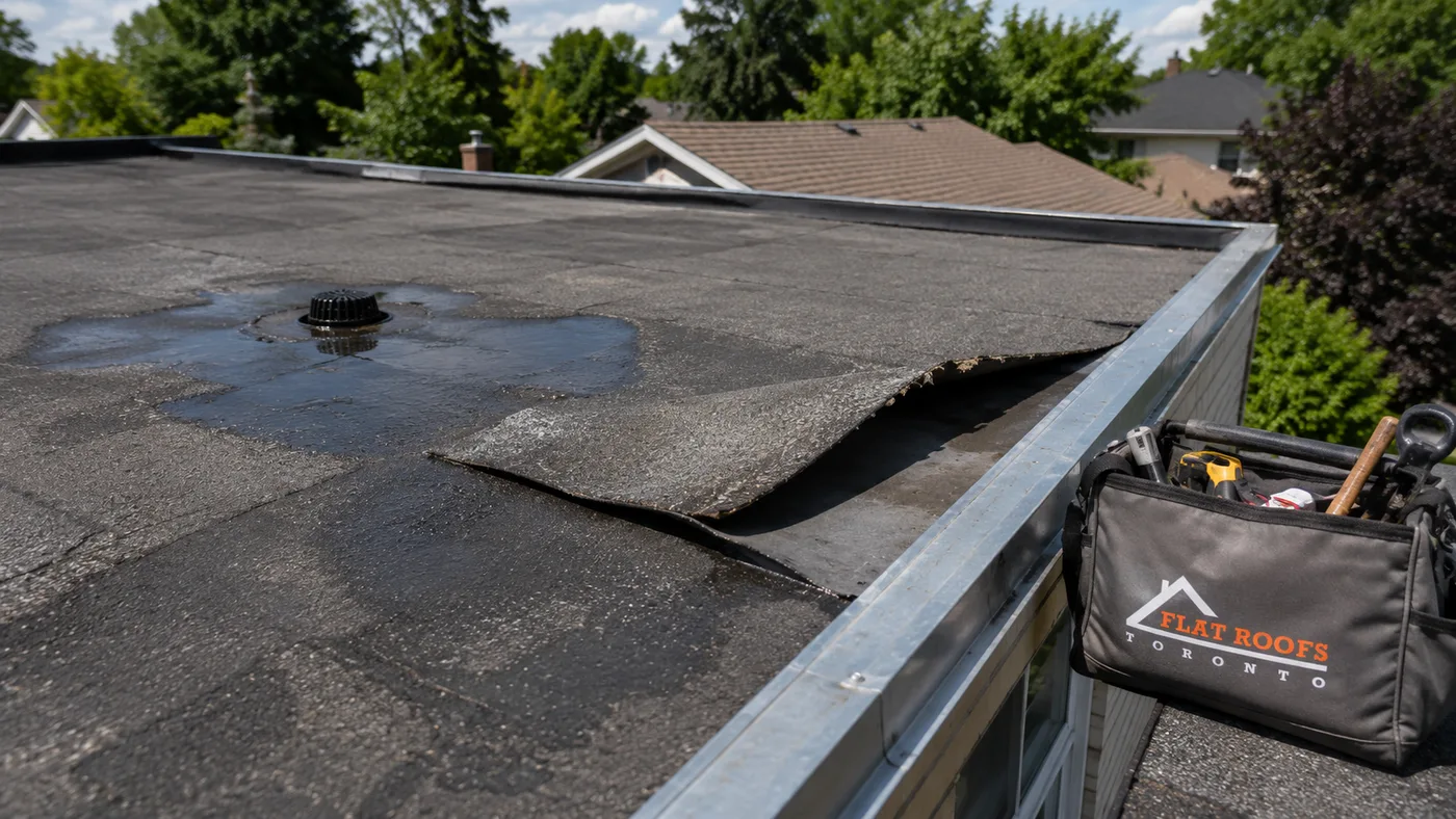 Low-slope residential roof in Scarborough showing storm damage requiring emergency roof repair after heavy summer rainfall