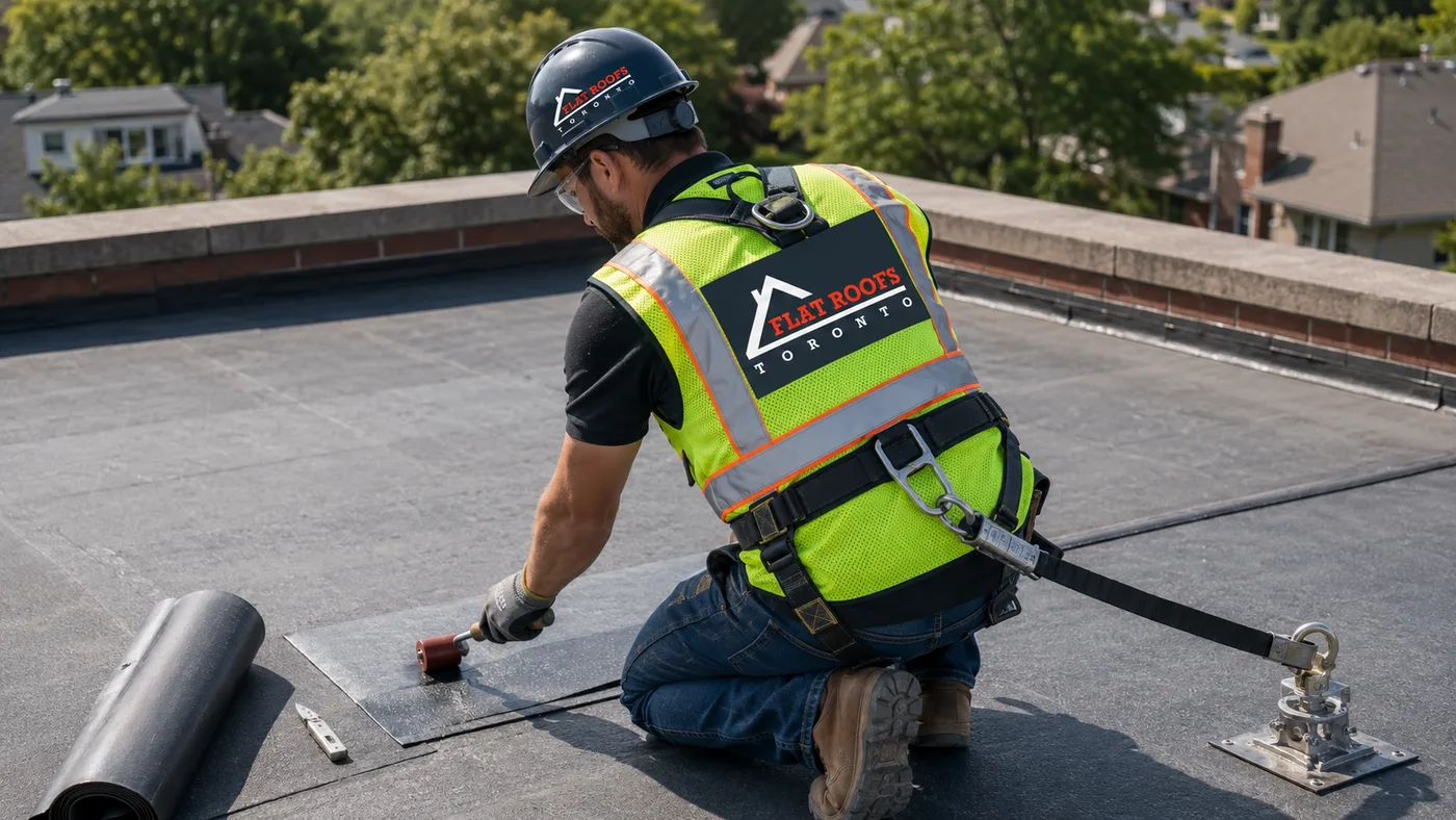 Roofing technician in full safety gear performing emergency roof repair on a Scarborough low-slope residential roof