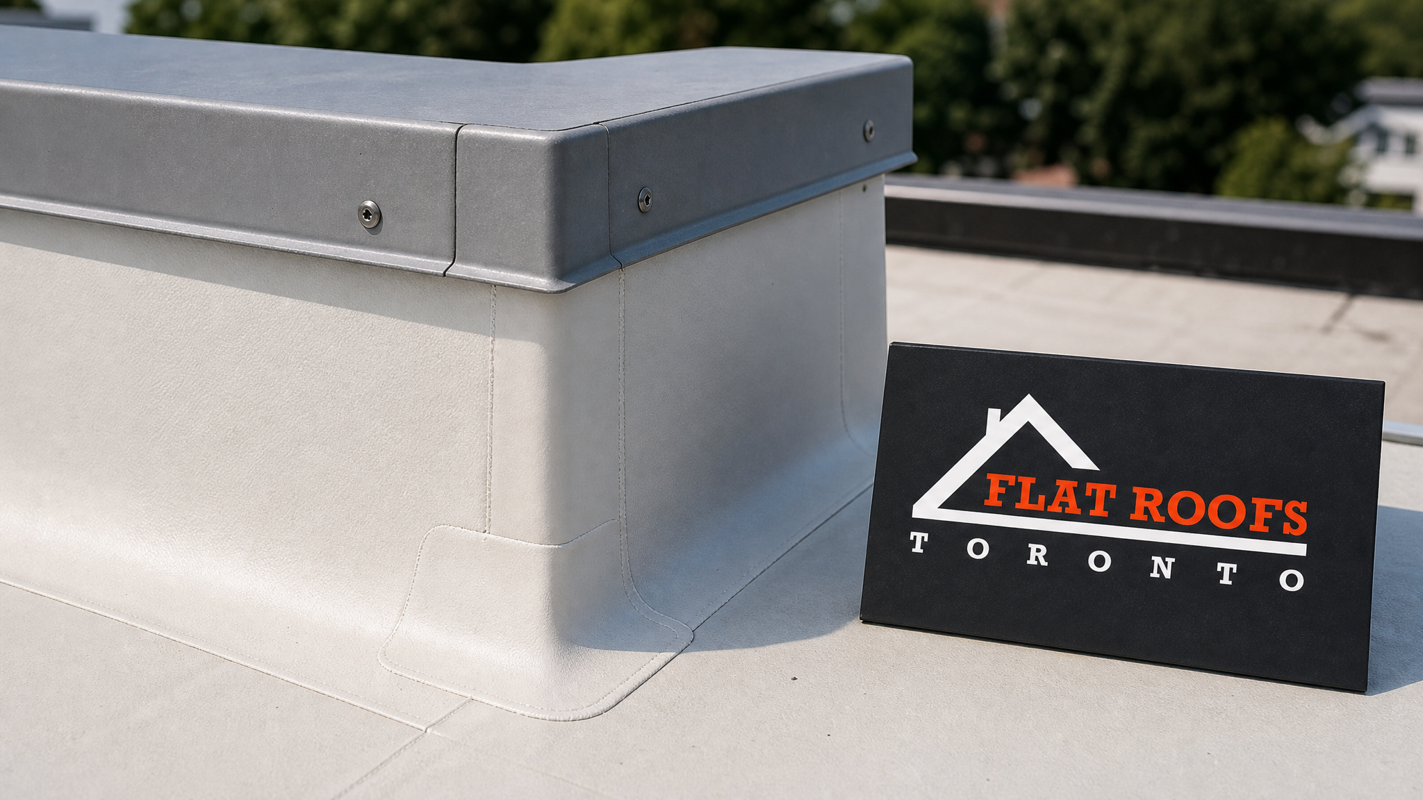 Close-up of a heat-welded membrane parapet flashing detail with metal cap on a laneway flat roof