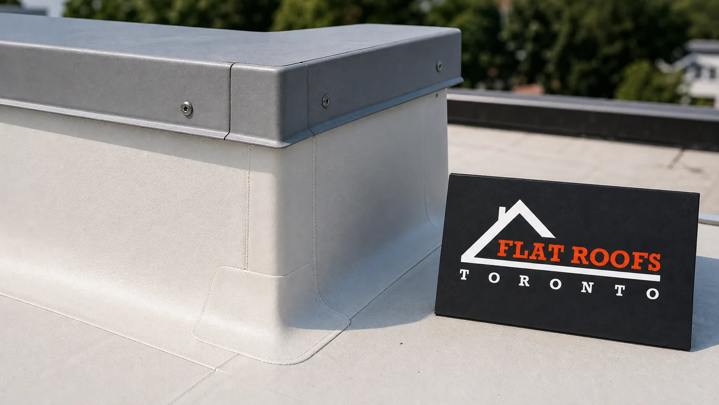 Close-up of a heat-welded membrane parapet flashing detail with metal cap on a laneway flat roof