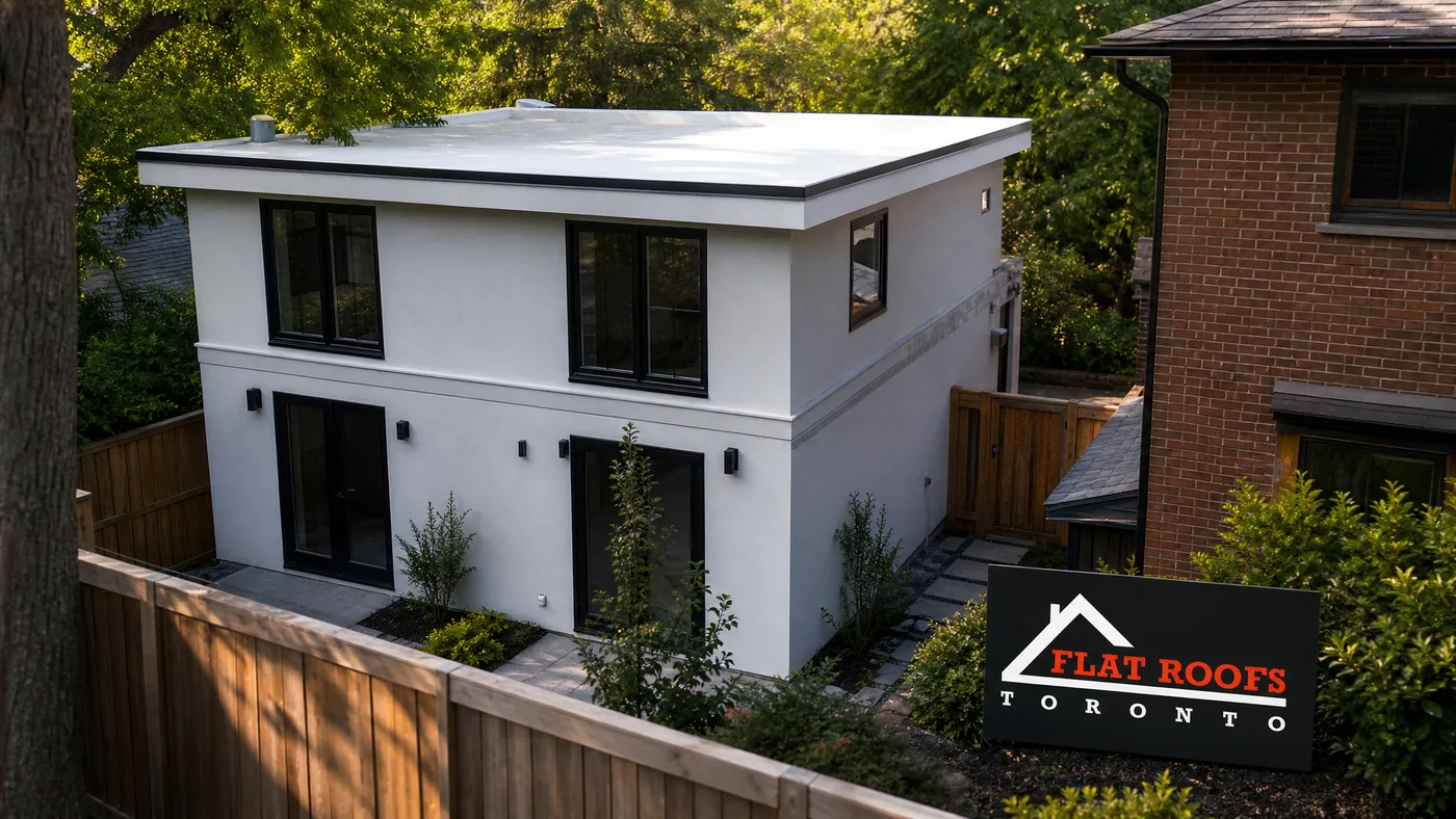 Finished laneway house flat roof Toronto with a clean TPO membrane behind a downtown residential property