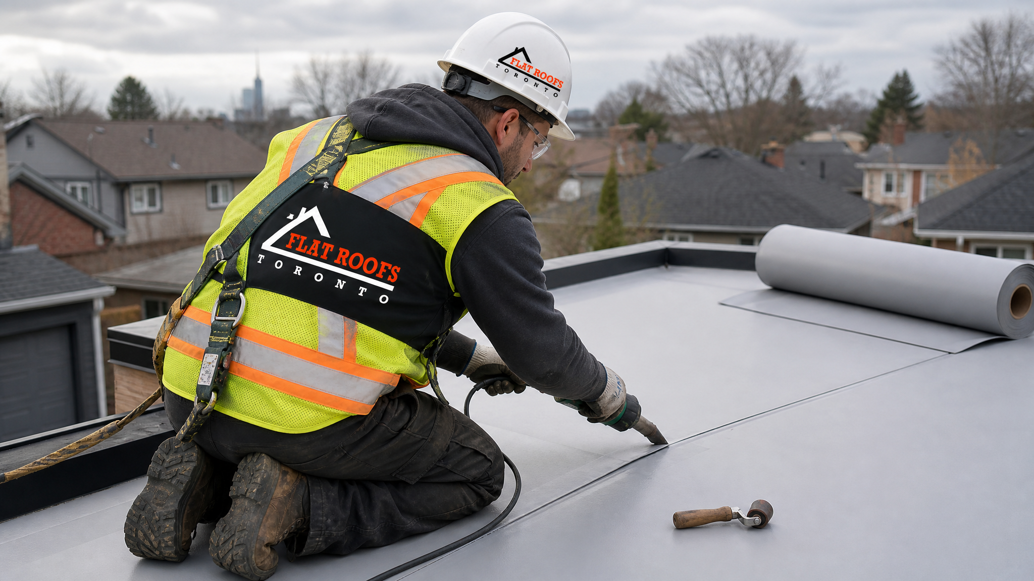 Flat-roofing technician heat-welding a TPO membrane seam on a low-slope laneway suite roof in Toronto