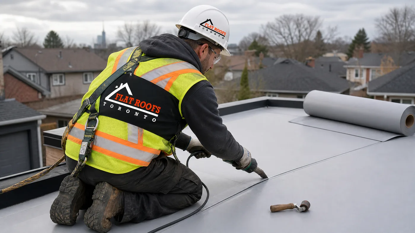 Flat-roofing technician heat-welding a TPO membrane seam on a low-slope laneway suite roof in Toronto