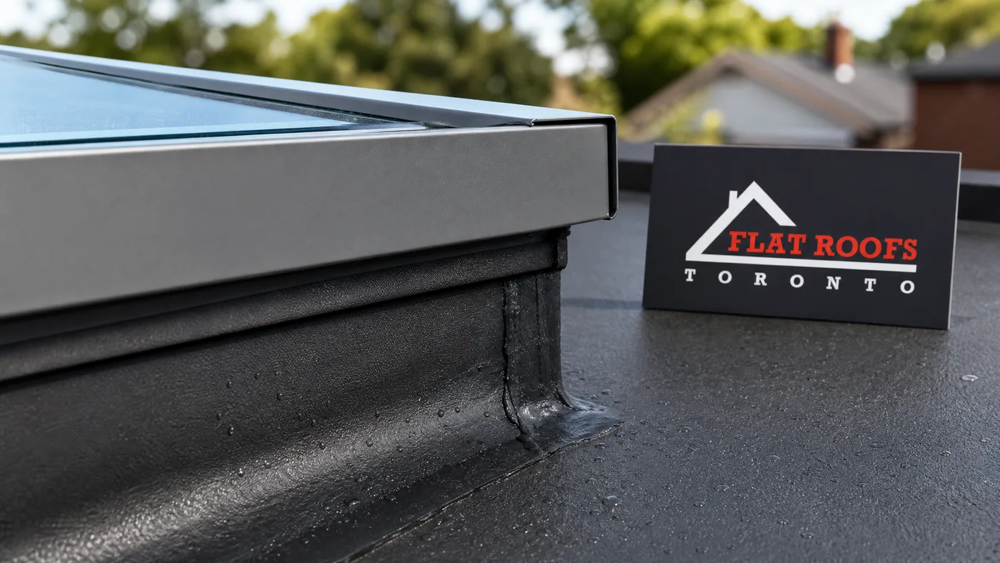 Close-up of metal counter-flashing cap and welded membrane termination at the top of a flat roof skylight curb