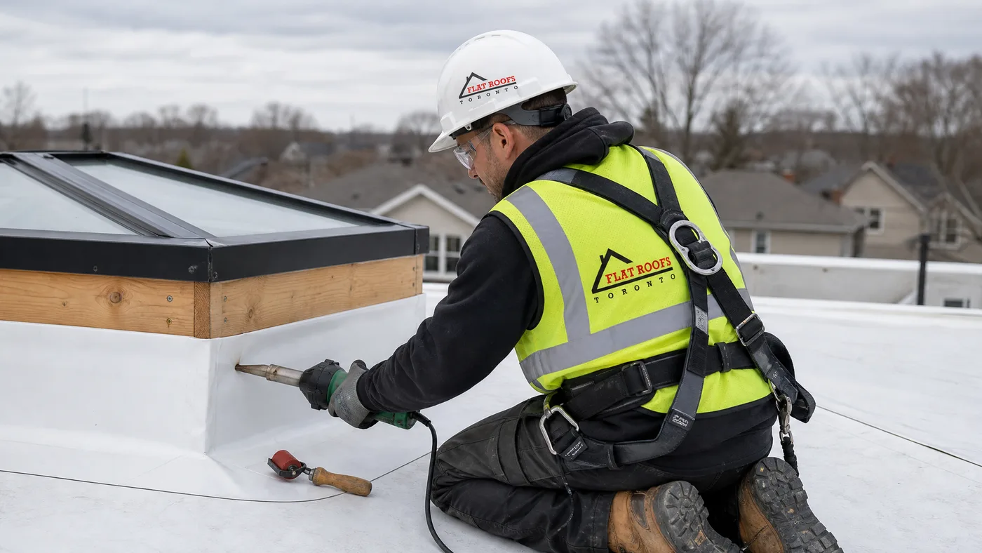 Flat roofing technician heat-welding TPO membrane up the side of a skylight curb on a Toronto low-slope roof