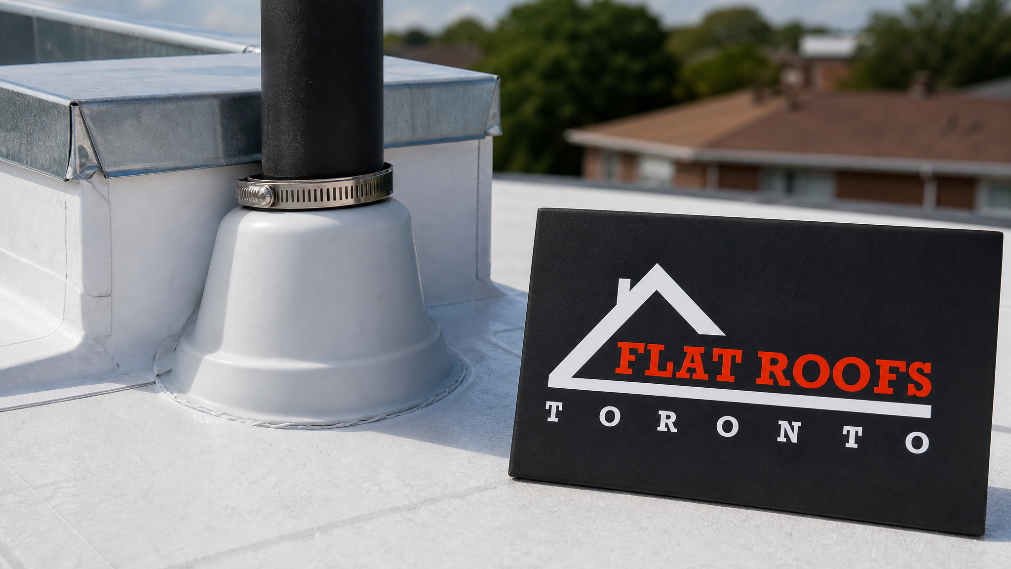 Close-up of a sealed pipe boot and counter-flashing detail at a rooftop HVAC unit curb