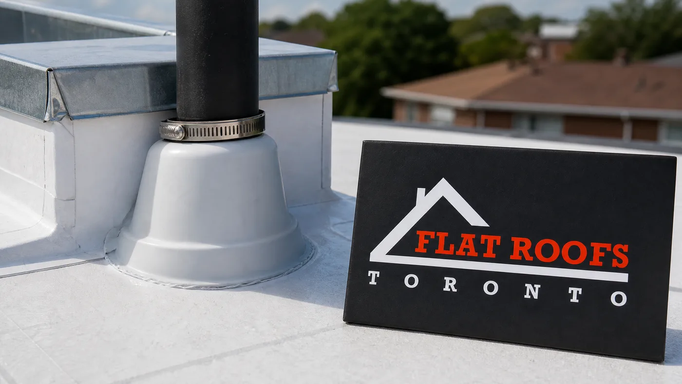 Close-up of a sealed pipe boot and counter-flashing detail at a rooftop HVAC unit curb