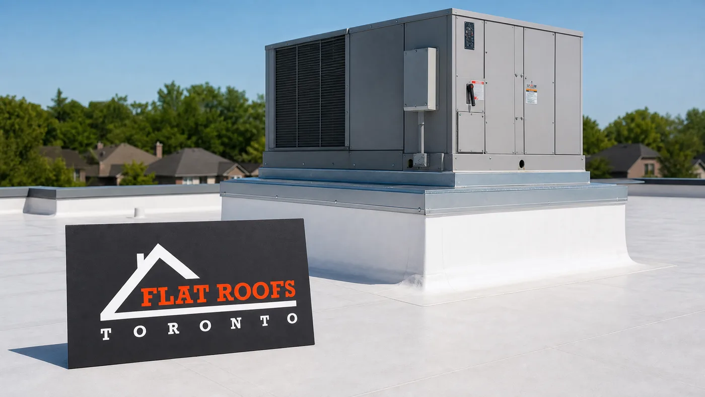 Rooftop HVAC unit on a flat roof with a sealed membrane curb in a Toronto neighbourhood