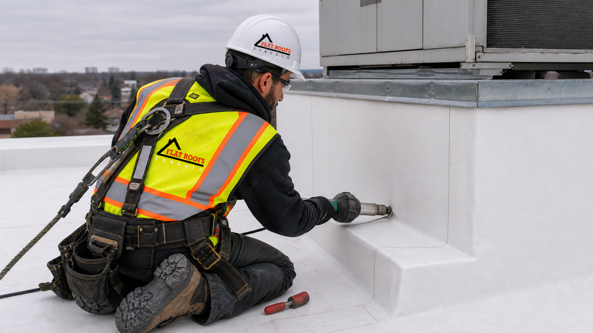 Flat roofing technician heat-welding a TPO membrane up the side of an HVAC curb